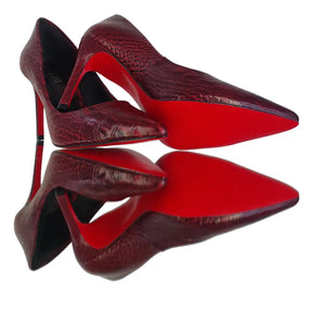 Scarpin Couro Legítimo Marsala Croco Salto Alto 10cm Sola Vermelha