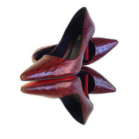 Scarpin Couro Legítimo Marsala Croco Salto Alto 10cm Sola Vermelha