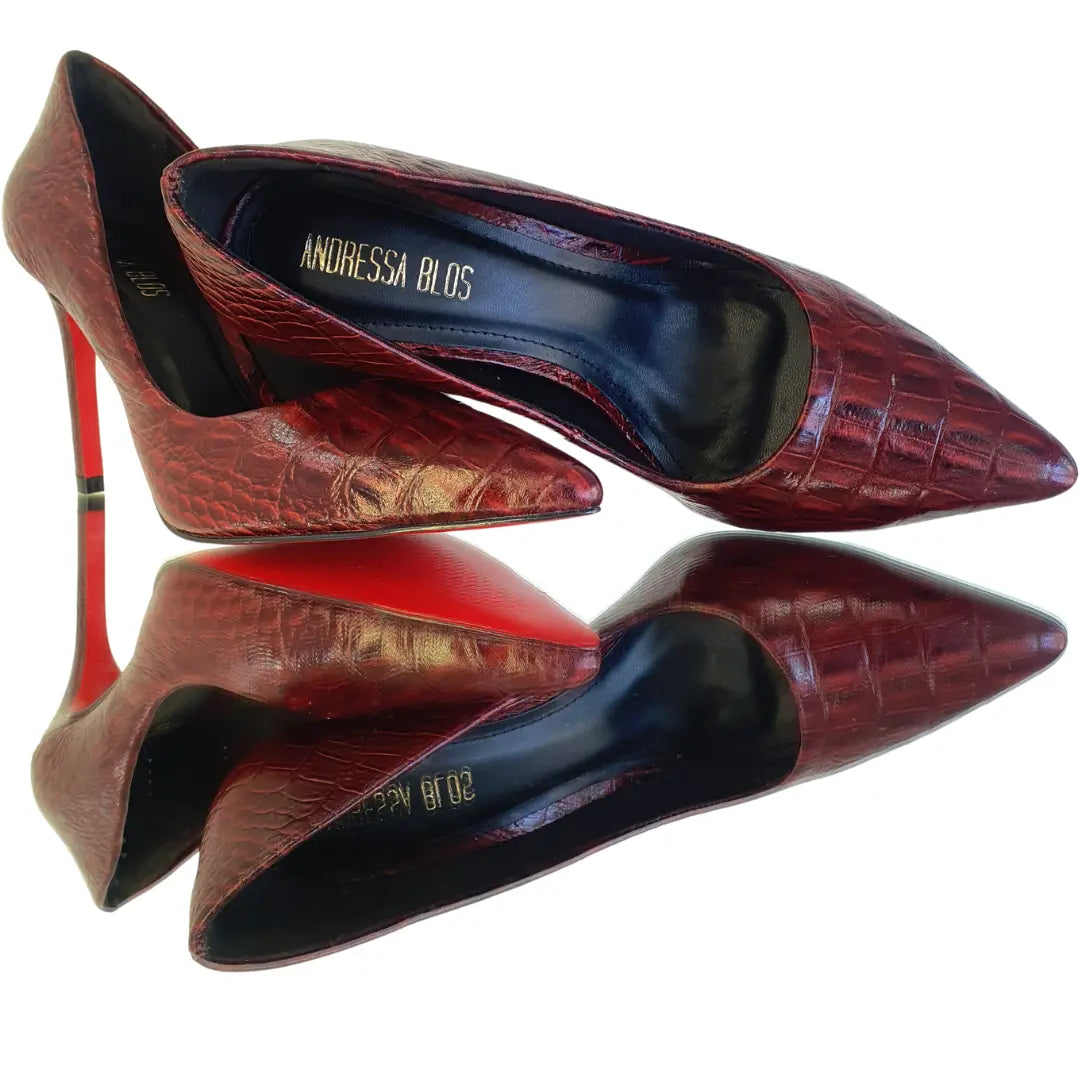 Scarpin Couro Legítimo Marsala Croco Salto Alto 10cm Sola Vermelha