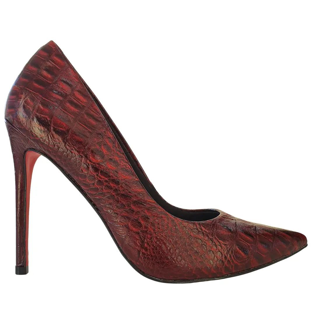 Scarpin Couro Legítimo Vinho Croco Salto Alto 12cm Sola Vermelha