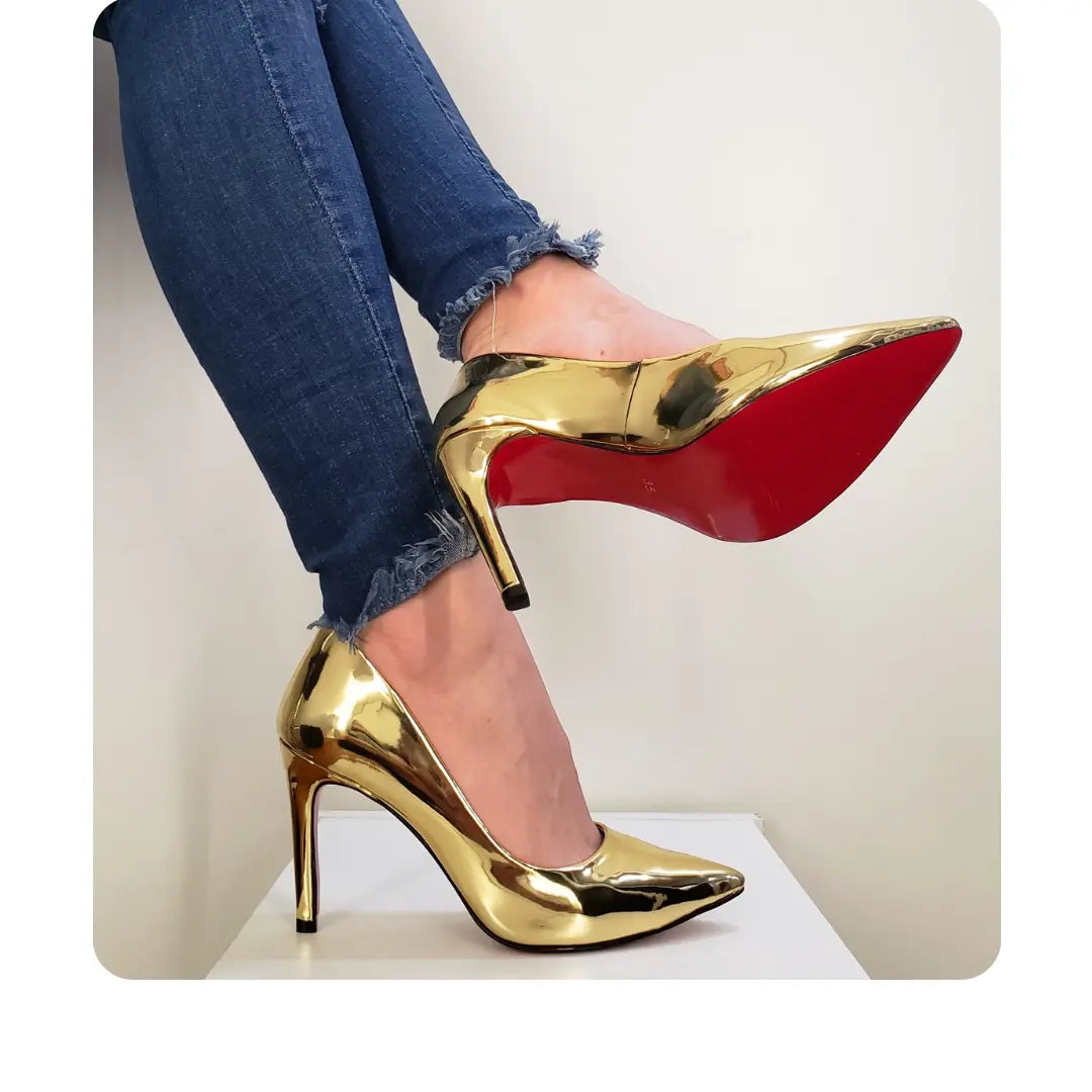 Scarpin Dourado Espelhado Salto Alto 10cm Sola Vermelha