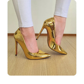Scarpin Dourado Espelhado Salto Alto 12cm Sola Vermelha
