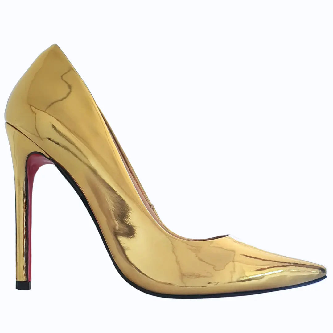 Scarpin Dourado Espelhado Salto Alto 12cm Sola Vermelha