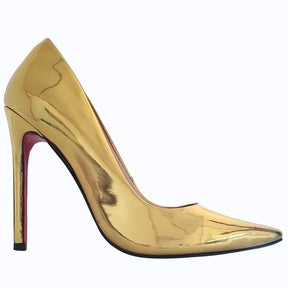 Scarpin Dourado Espelhado Salto Alto 12cm Sola Vermelha