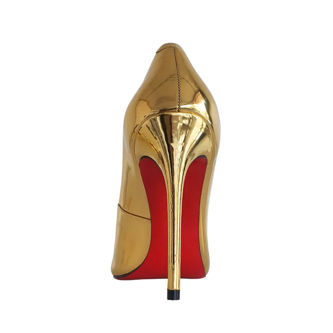 Scarpin Dourado Espelhado Salto Alto 12cm Sola Vermelha
