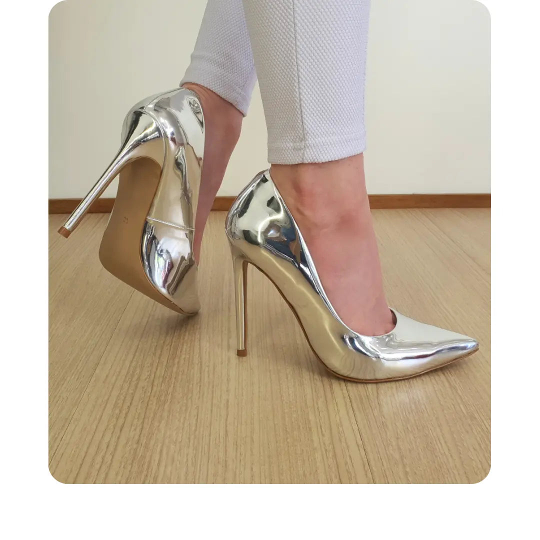 Scarpin Prata Espelhado Salto Alto 12cm Sola Bege