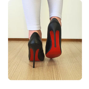 Scarpin Preto Fosco Salto Alto 12cm Sola Vermelha